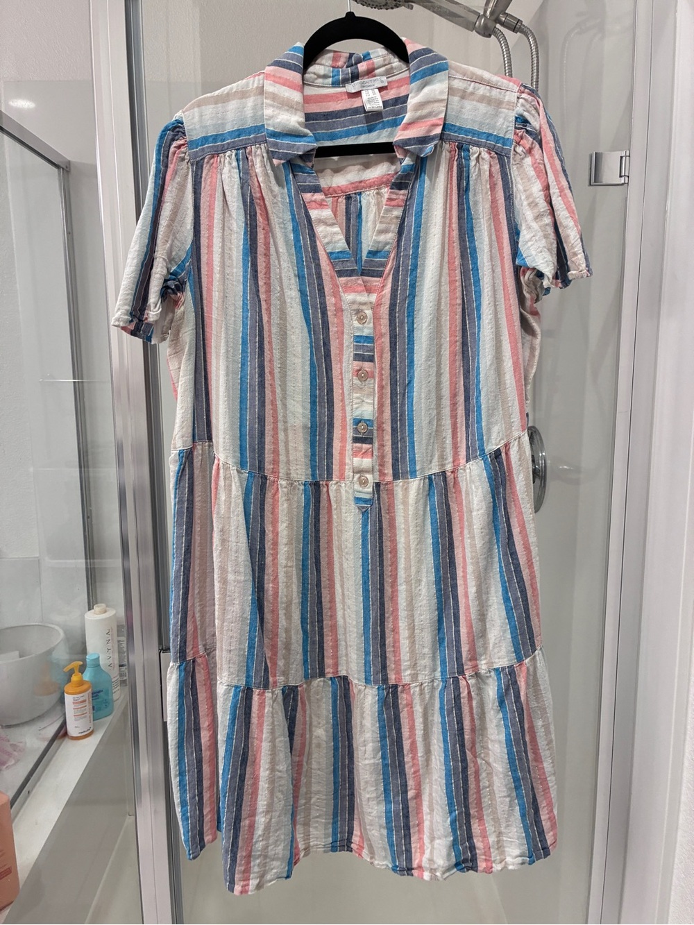 London Times Multicolor Striped Button-Front Top in Pink, Blue & Cream